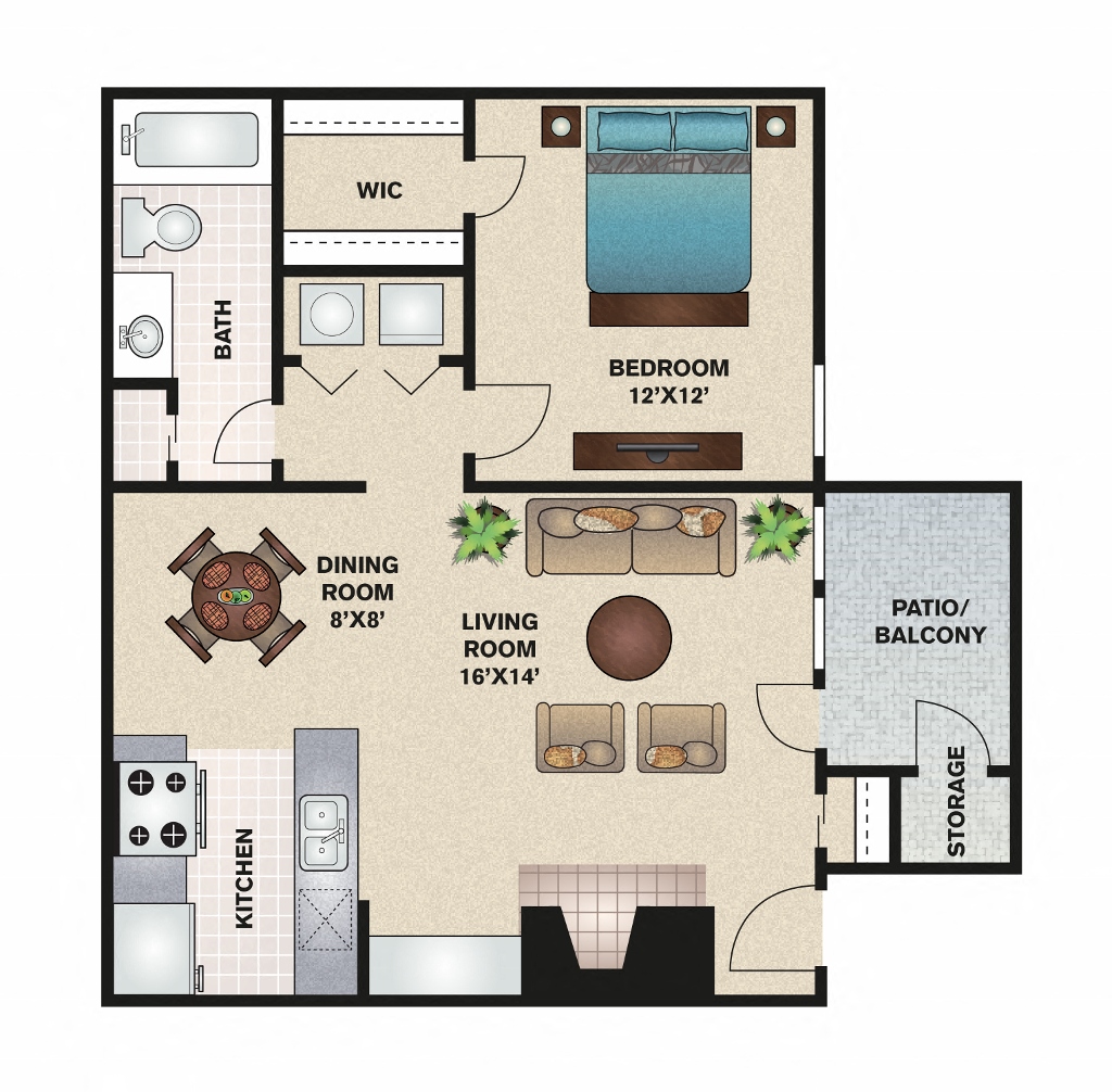 Floor plan for 1 bed, 1 bath, 674 sqft